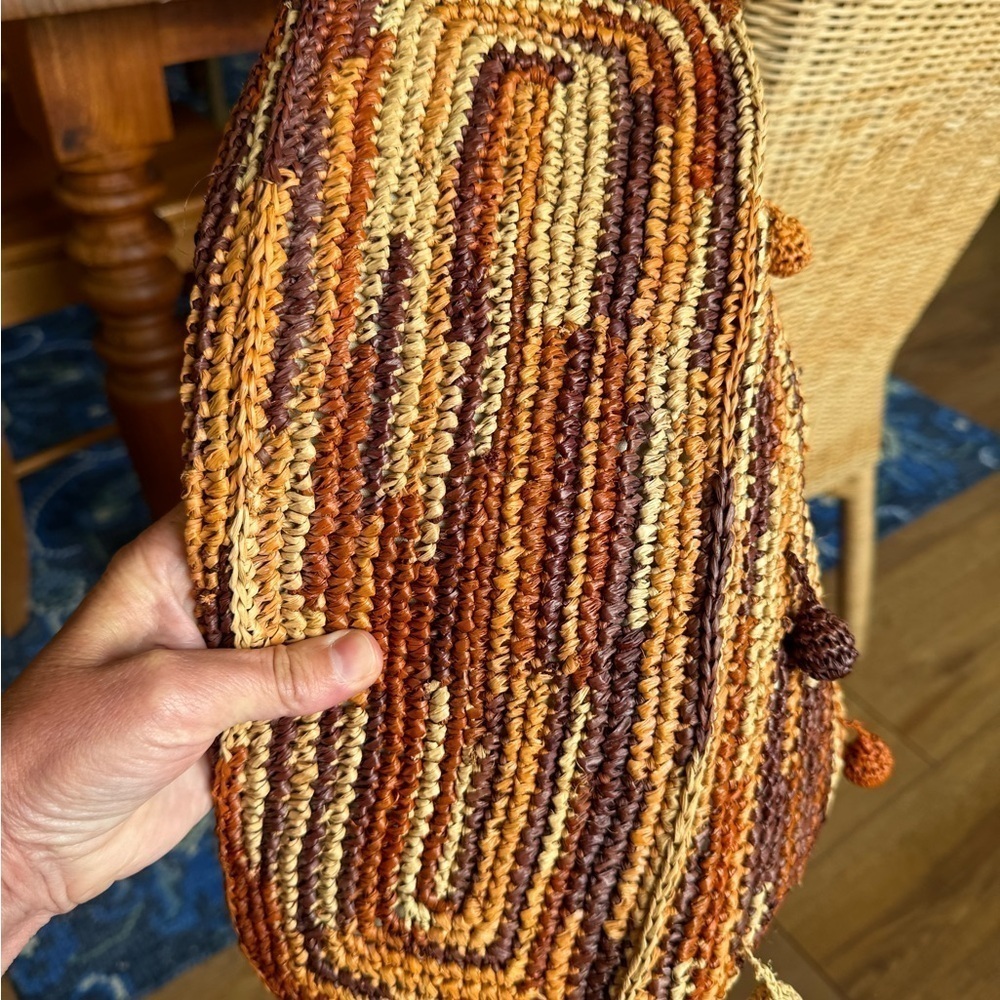 Flora Bella Anthropologie Raffia Leather Strap Shoulder Bag Detailed Pom Poms - Picture 10 of 12